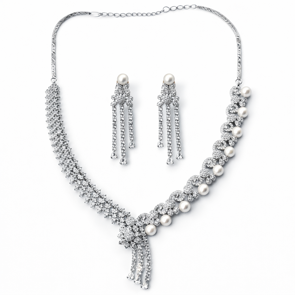 Solitaire Cubic Zirconia American Diamond Silver Plated Pearl Studded Necklace Set
