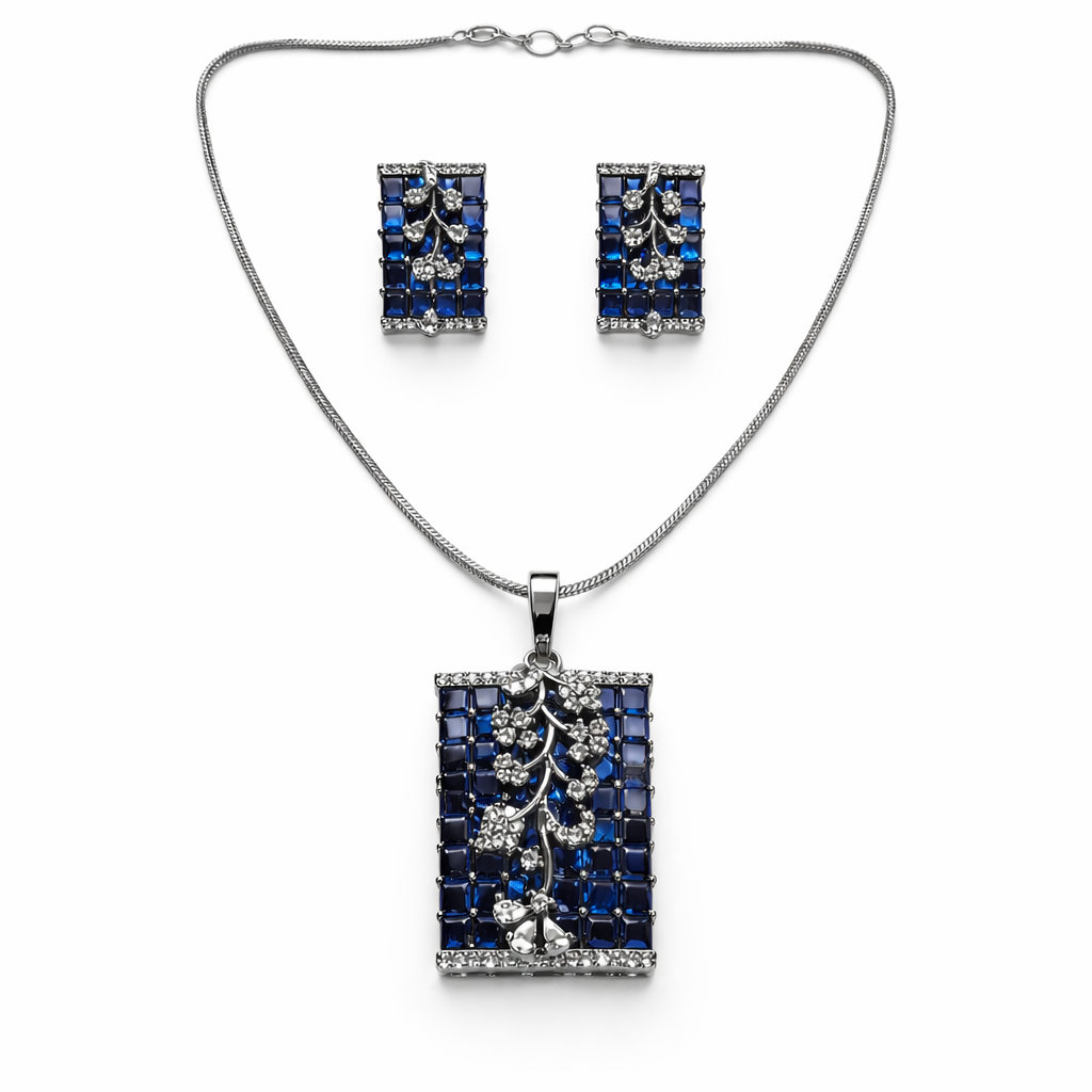 Blue Sapphire Cubic Zirconia American Diamond Victorian Plated Pendant Set