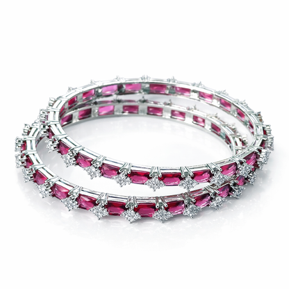 Red Ruby Cubic Zirconia American Diamond Silver Plated Bangles, Set of 2