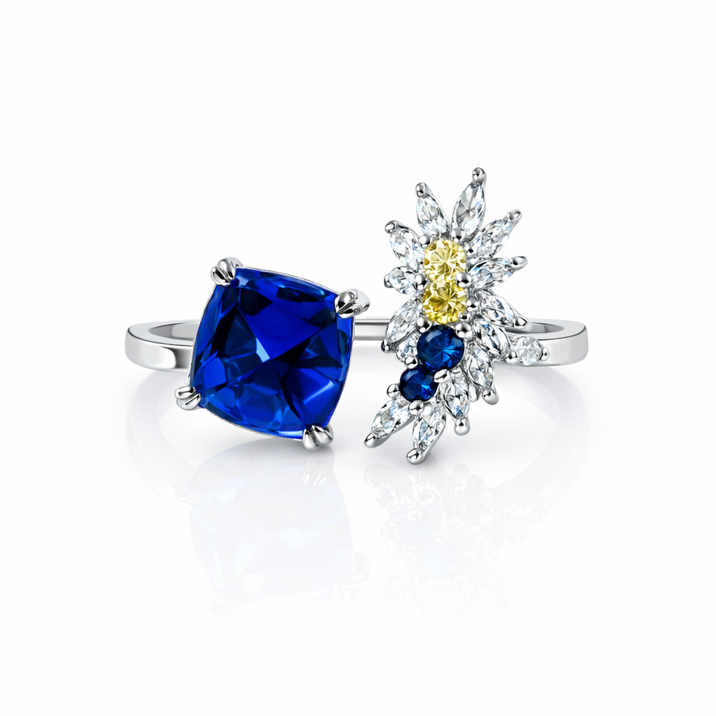 Blue Sapphire & Yellow Topaz Cubic Zirconia Ice Cut American Diamond Silver Plated Adjustable Ring