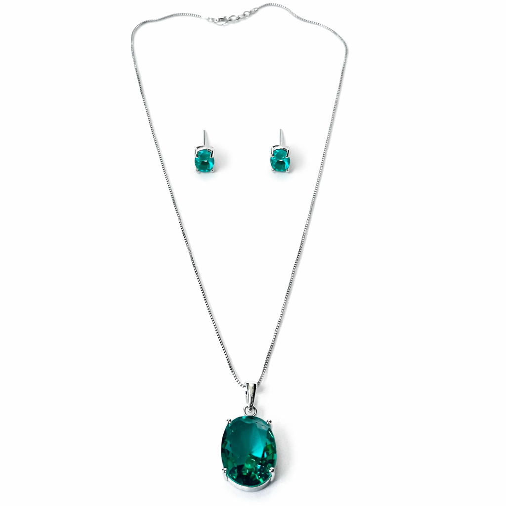Sea Green Topaz Cubic Zirconia American Diamond Silver Plated Pendant Set