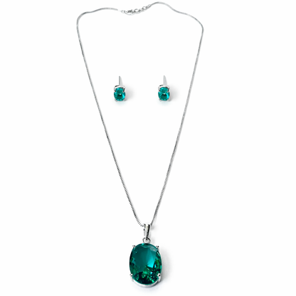 Sea Green Topaz Cubic Zirconia American Diamond Silver Plated Pendant Set
