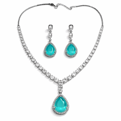 Mint Green Topaz Cubic Zirconia American Diamond Silver Plated Necklace Set