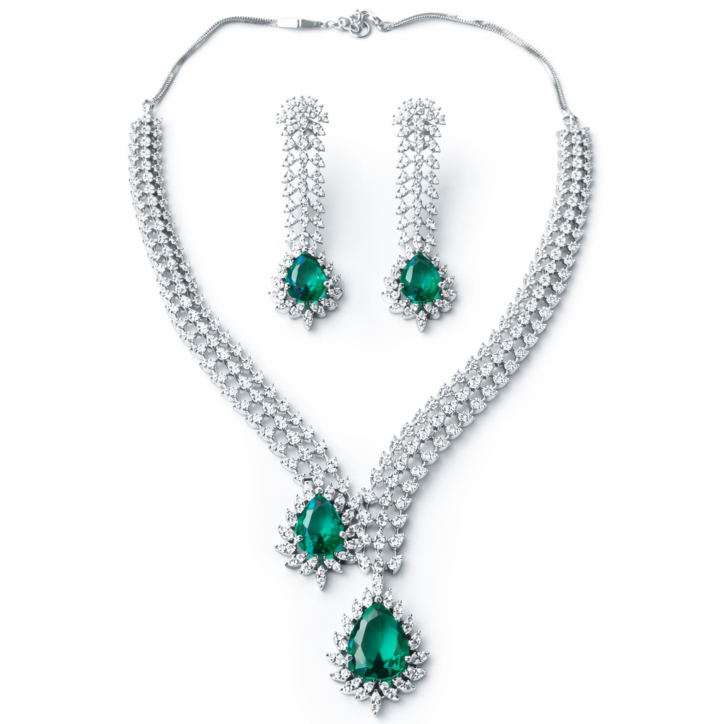 Sea Green Topaz Cubic Zirconia American Diamond Silver Plated Necklace Set