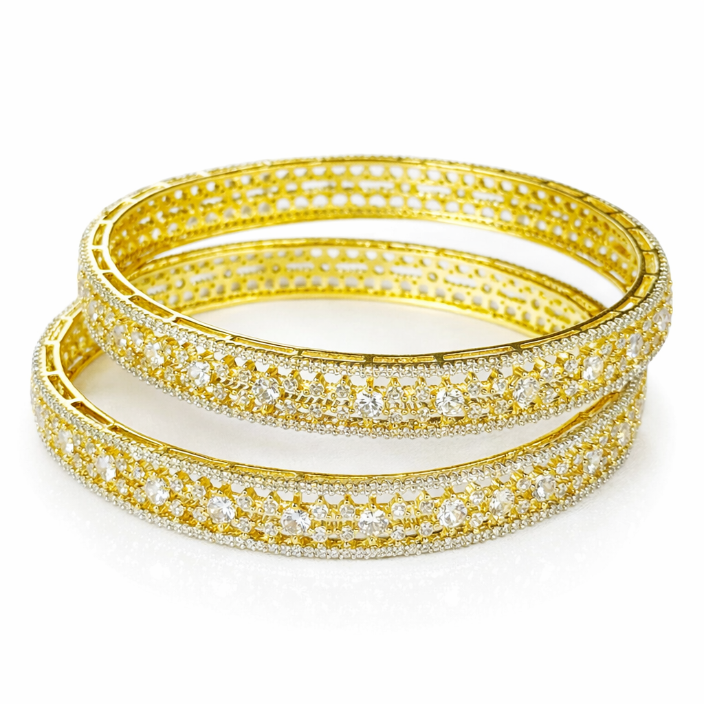 Solitaire Cubic Zirconia American Diamond Gold Plated Bangles, Set of 2