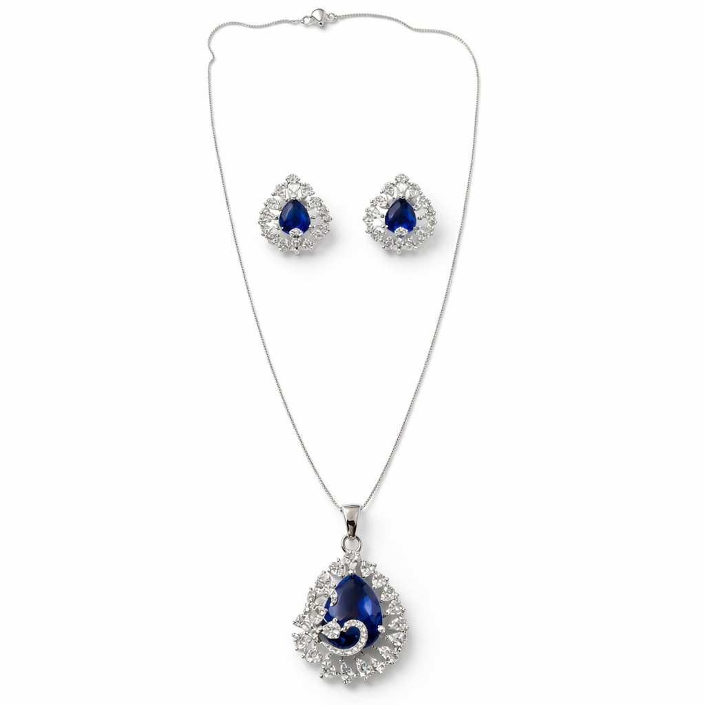 Blue Sapphire Cubic Zirconia American Diamond Silver Plated Pendant Set