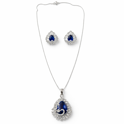 Blue Sapphire Cubic Zirconia American Diamond Silver Plated Pendant Set