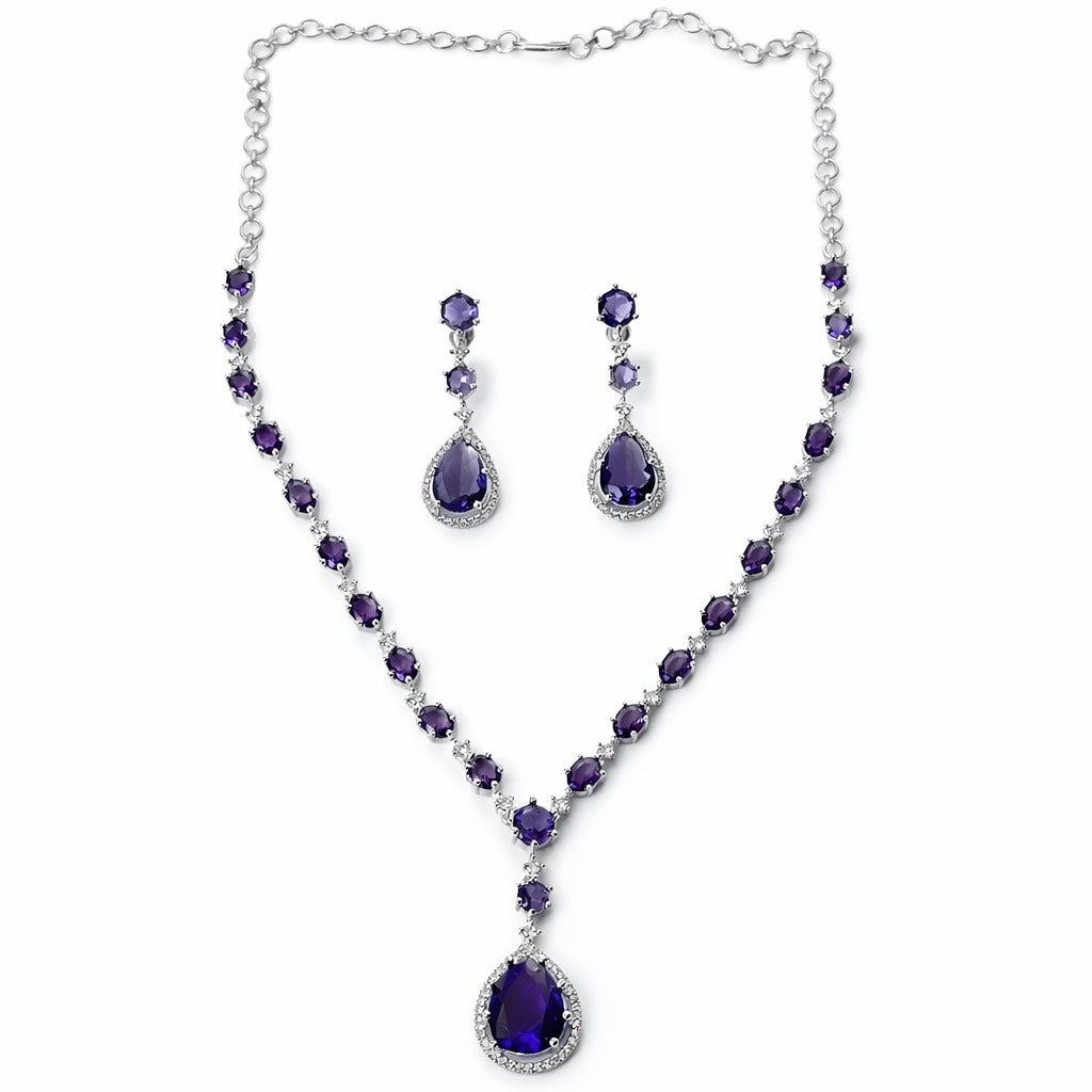 Purple Amethyst Cubic Zirconia American Diamond Silver Plated Necklace Set