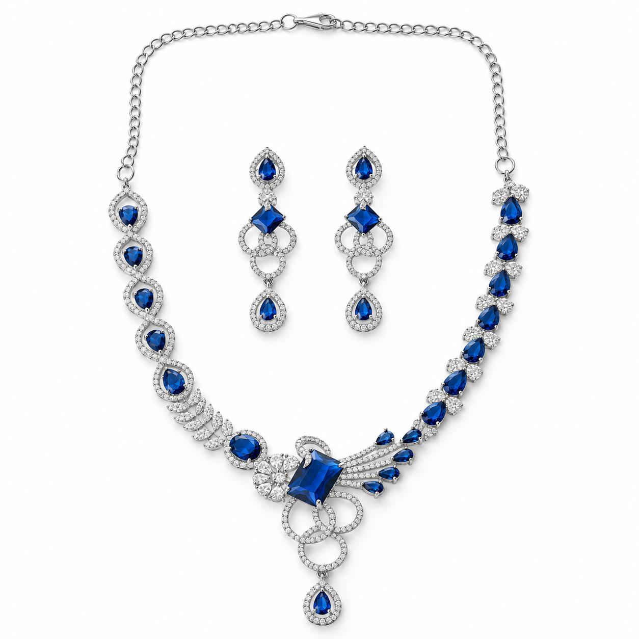 Blue Sapphire Cubic Zirconia American Diamond Silver Plated Necklace Set