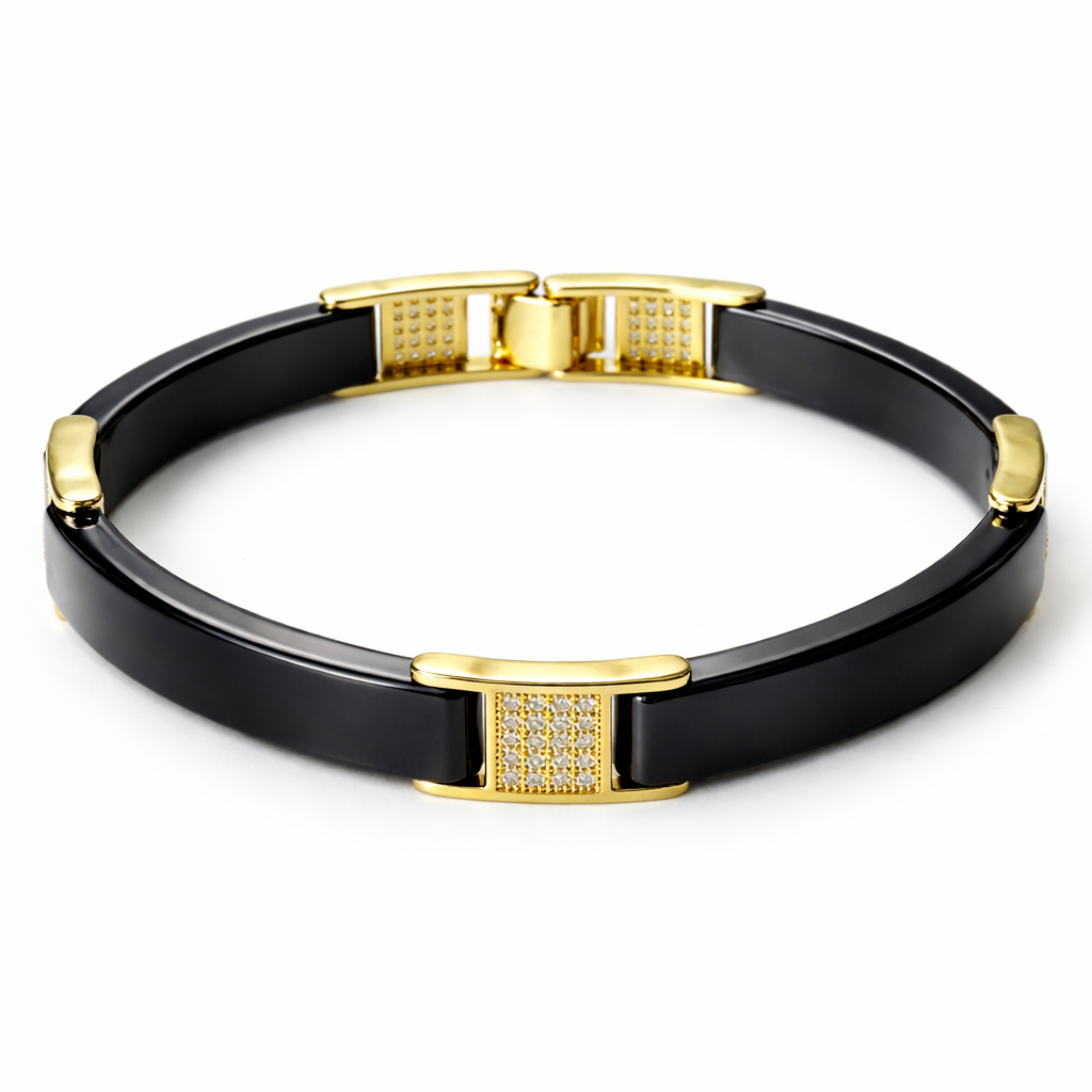 Black & Gold Cubic Zirconia American Diamond Ceramic Stainless Steel Bracelet
