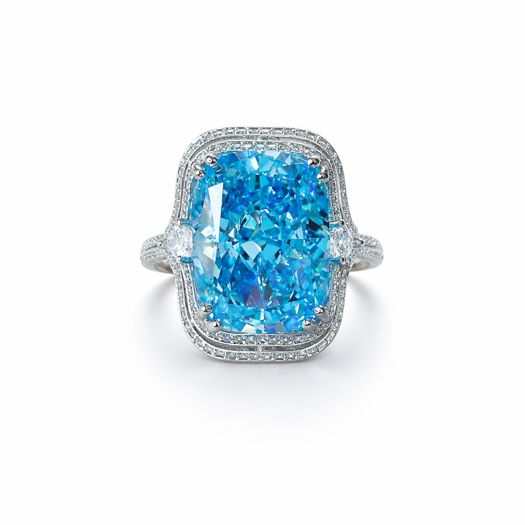 Aqua Blue Sapphire Cubic Zirconia Ice Cut American Diamond Silver Plated Adjustable Ring