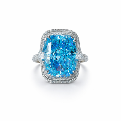 Aqua Blue Sapphire Cubic Zirconia Ice Cut American Diamond Silver Plated Adjustable Ring