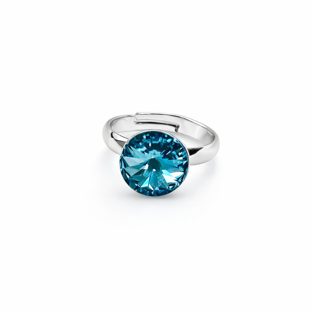 Aqua Blue Indicolite Swarovski Crystal Silver Plated Adjustable Ring