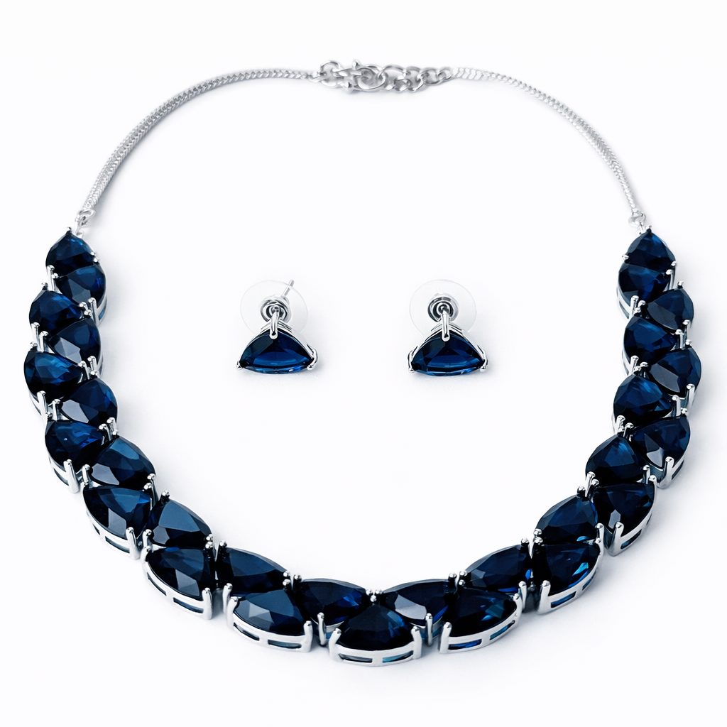 Blue Sapphire Cubic Zirconia American Diamond Silver Plated Necklace Set
