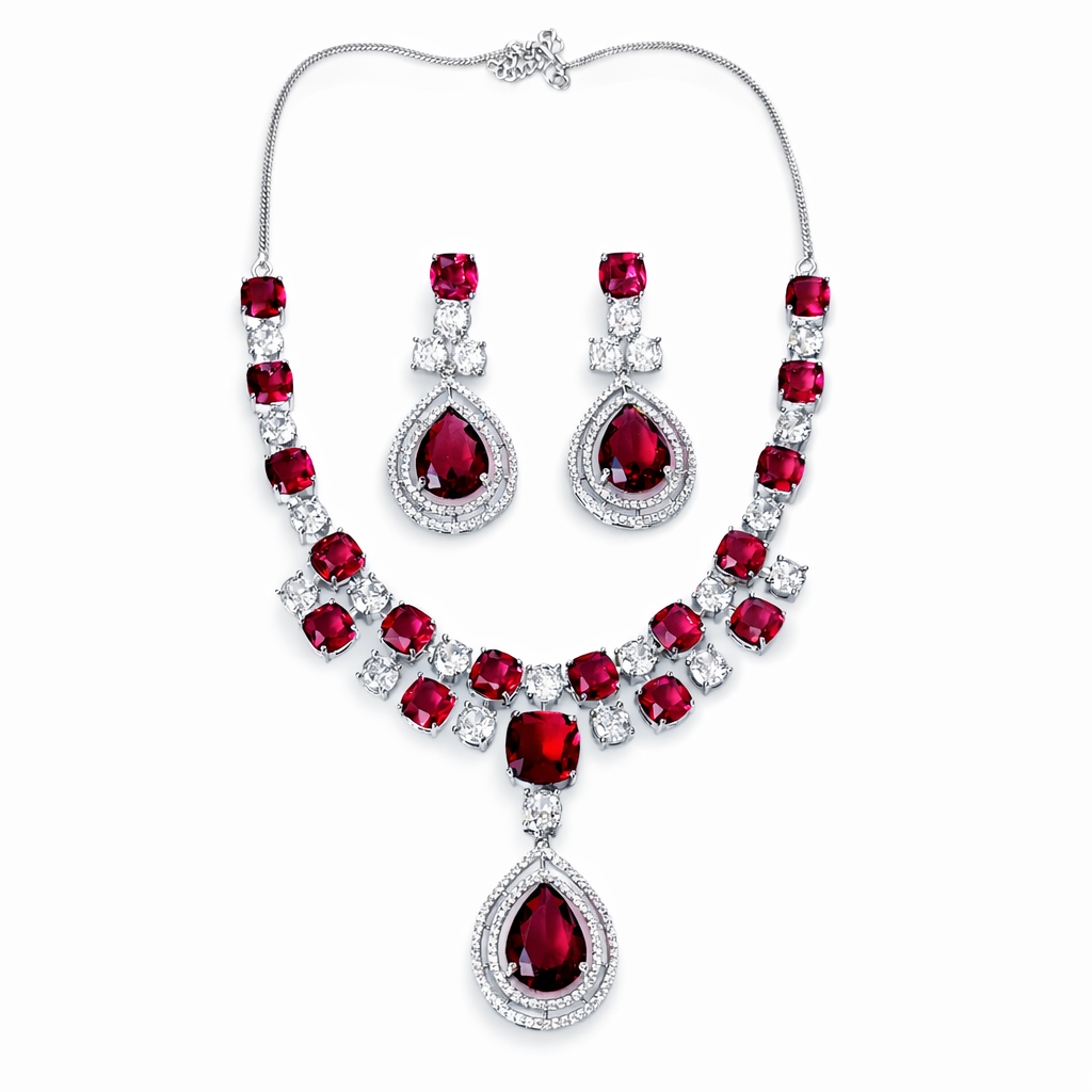 Red Ruby Cubic Zirconia American Diamond Silver Plated Necklace Set