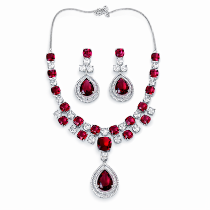 Red Ruby Cubic Zirconia American Diamond Silver Plated Necklace Set