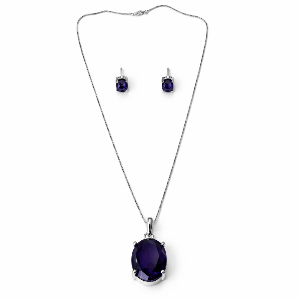 Purple Amethyst Cubic Zirconia American Diamond Silver Plated Pendant Set