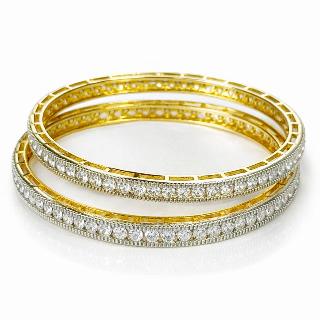 Solitaire Cubic Zirconia American Diamond Gold Plated Bangles, Set of 2