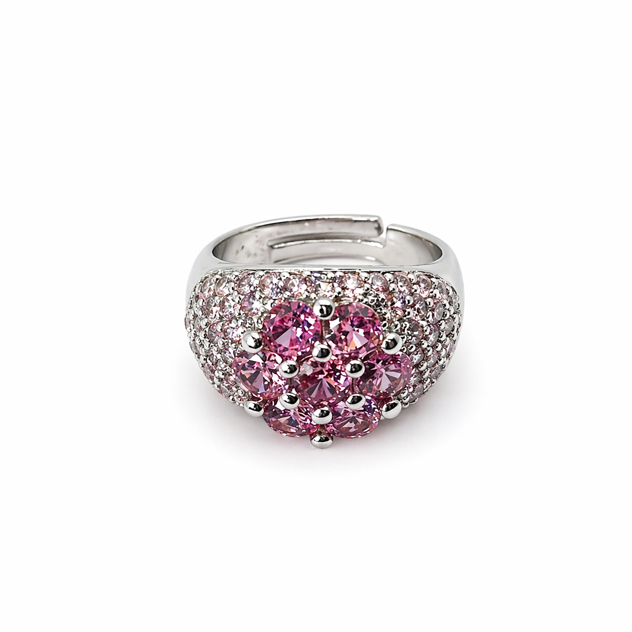 Pink Topaz Cubic Zirconia Ice Cut American Diamond Silver Plated Adjustable Ring