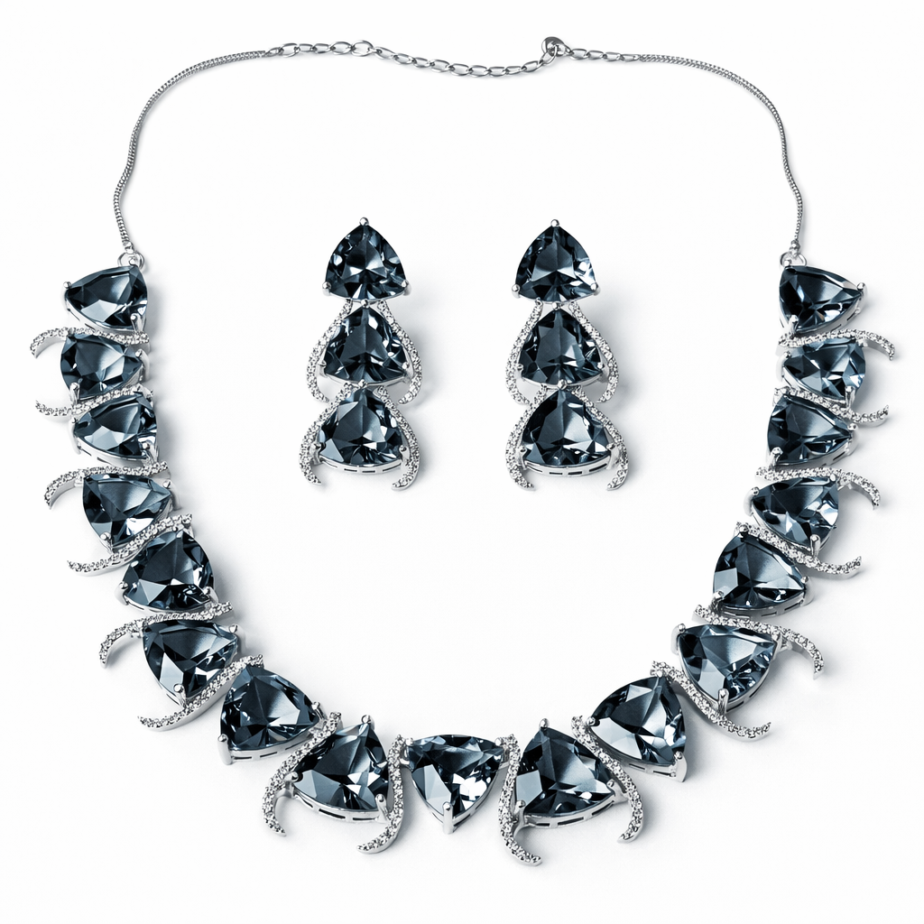 Black Cubic Zirconia American Diamond Silver Plated Necklace Set