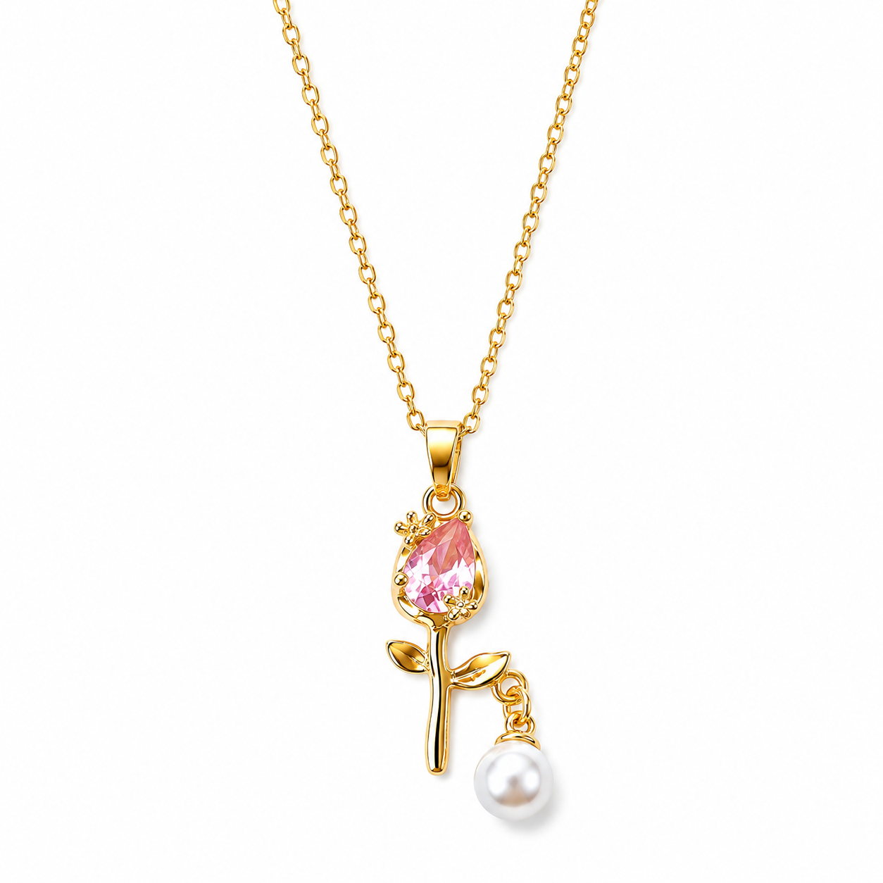 Pink Topaz Cubic Zirconia & Pearl Flower Design American Diamond Gold Plated Stainless Steel Necklace
