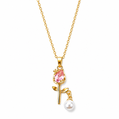 Pink Topaz Cubic Zirconia & Pearl Flower Design American Diamond Gold Plated Stainless Steel Necklace