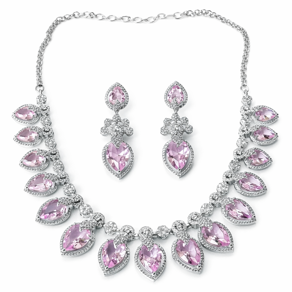 Pink Topaz Cubic Zirconia American Diamond Silver Plated Necklace Set