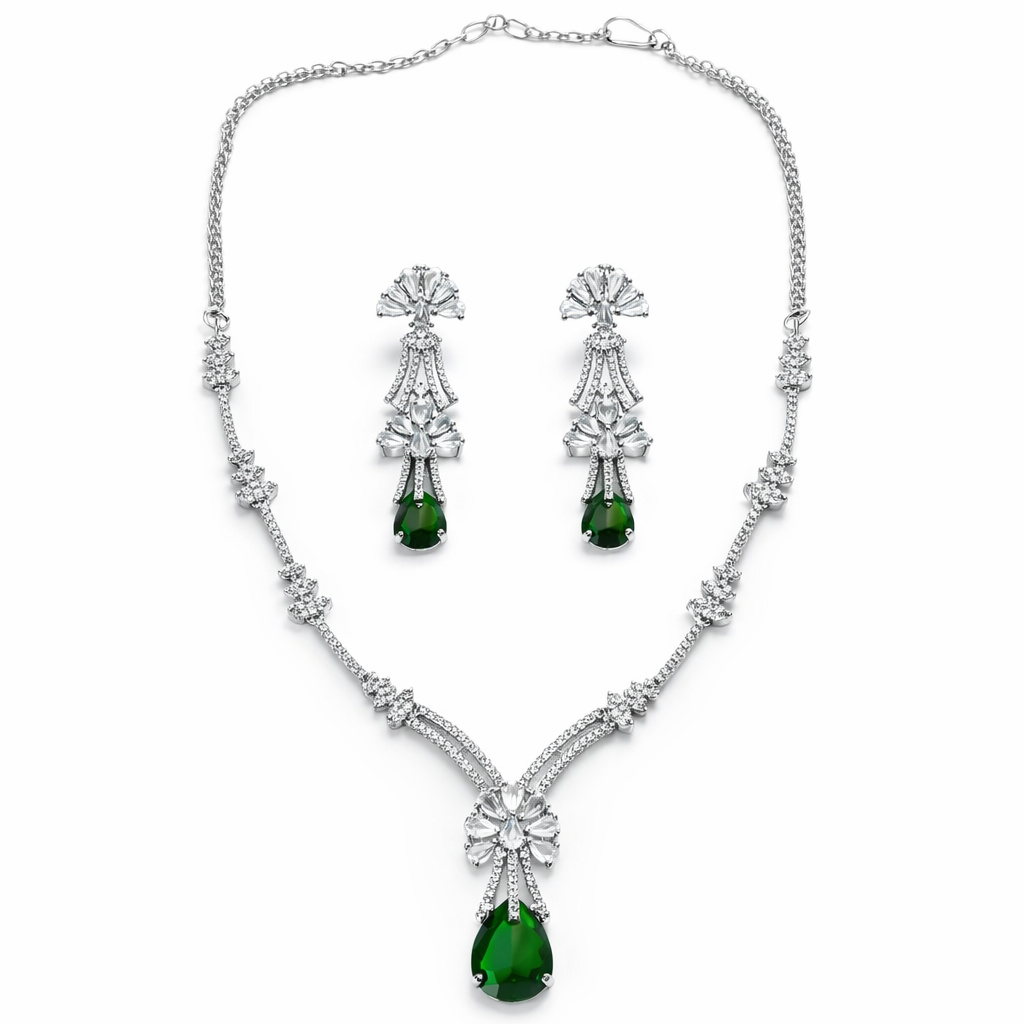 Green Emerald Cubic Zirconia American Diamond Silver Plated Necklace Set