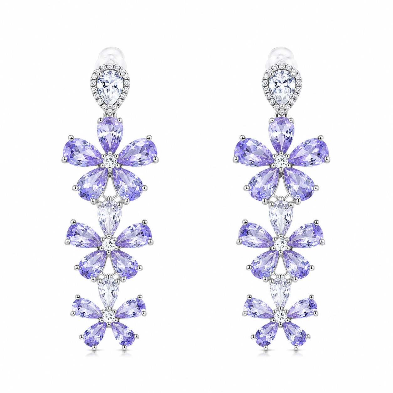 Light Purple Amethyst Cubic Zirconia Ice Cut American Diamond Silver Plated Earrings