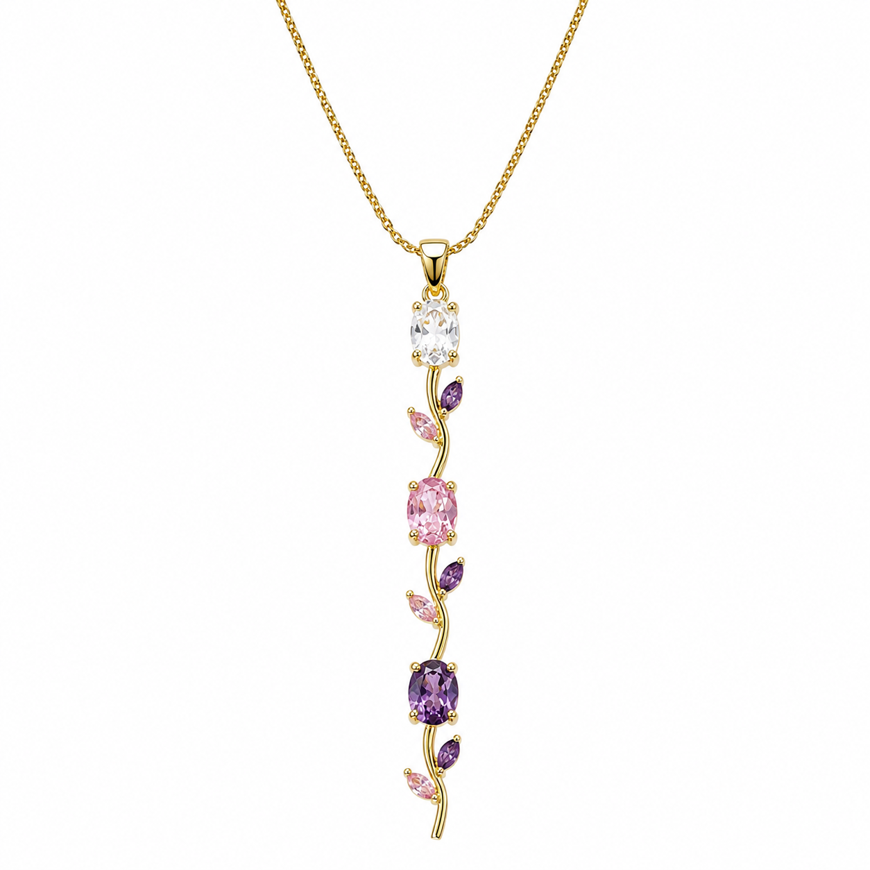 Pink Topaz & Purple Amethyst Cubic Zirconia Tulip Design American Diamond Gold Plated Stainless Steel Necklace