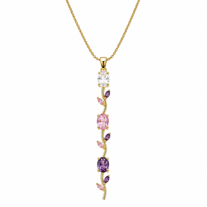Pink Topaz & Purple Amethyst Cubic Zirconia Tulip Design American Diamond Gold Plated Stainless Steel Necklace