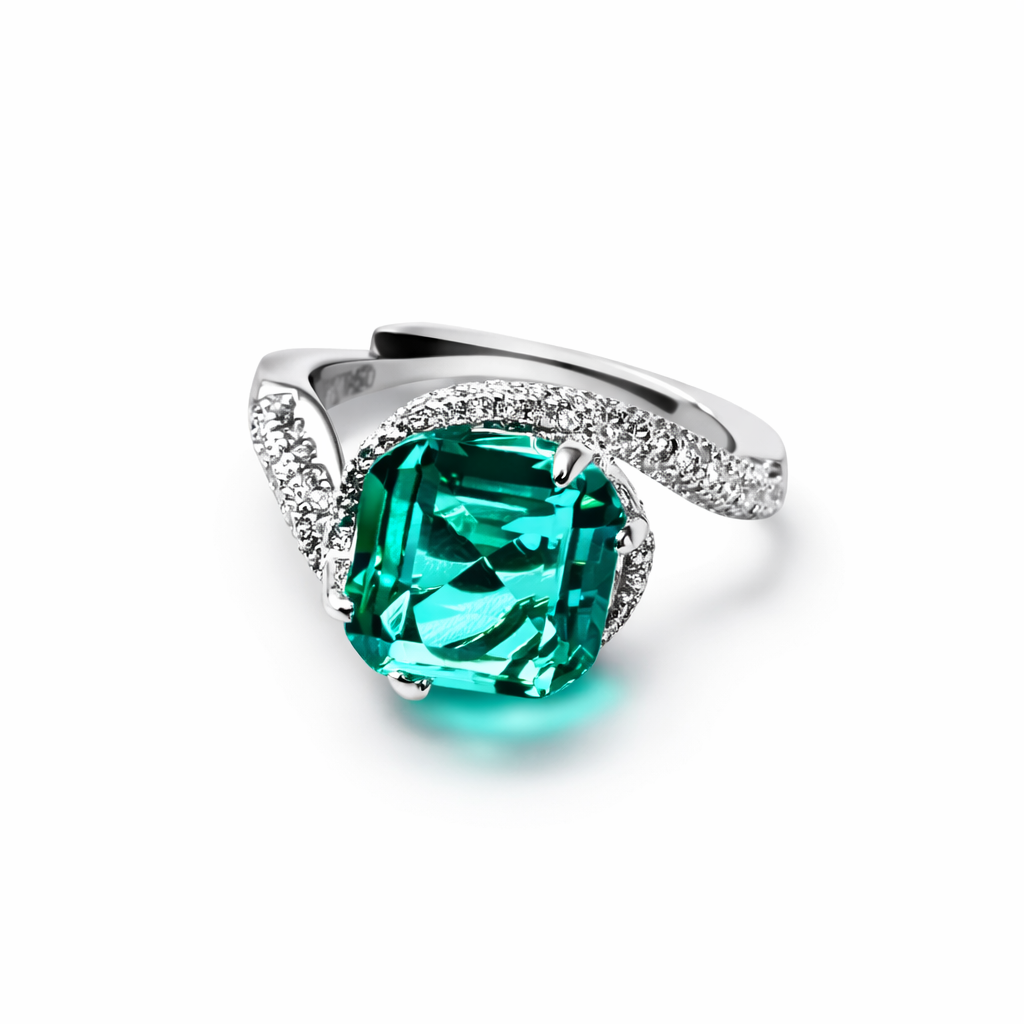 Sea Green Topaz Cubic Zirconia Ice Cut American Diamond Silver Plated Adjustable Ring