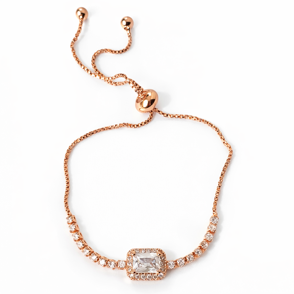 Solitaire Cubic Zirconia American Diamond Rose Gold Plated Adjustable Bracelet