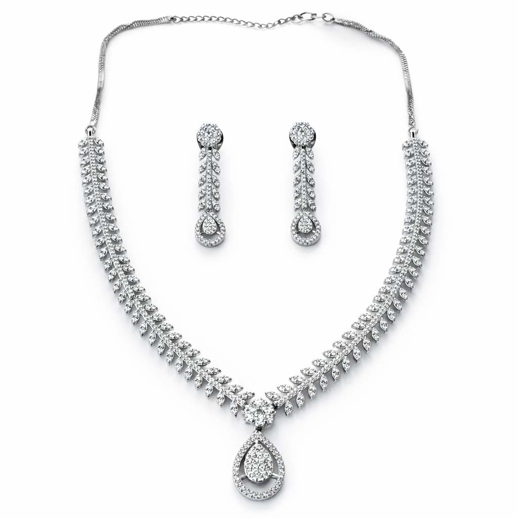 Solitaire Cubic Zirconia American Diamond Silver Plated Necklace Set