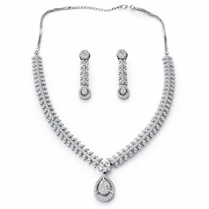 Solitaire Cubic Zirconia American Diamond Silver Plated Necklace Set