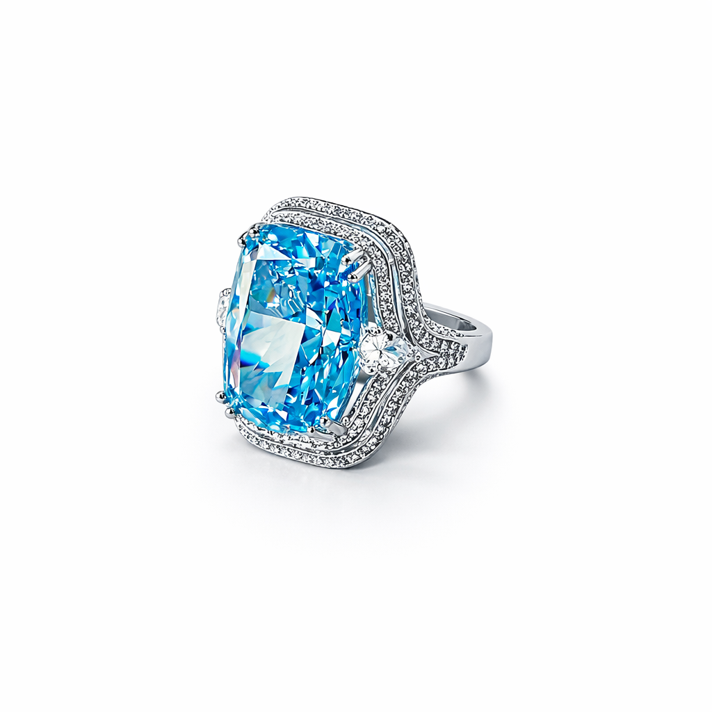 Aqua Blue Sapphire Cubic Zirconia Ice Cut American Diamond Silver Plated Adjustable Ring