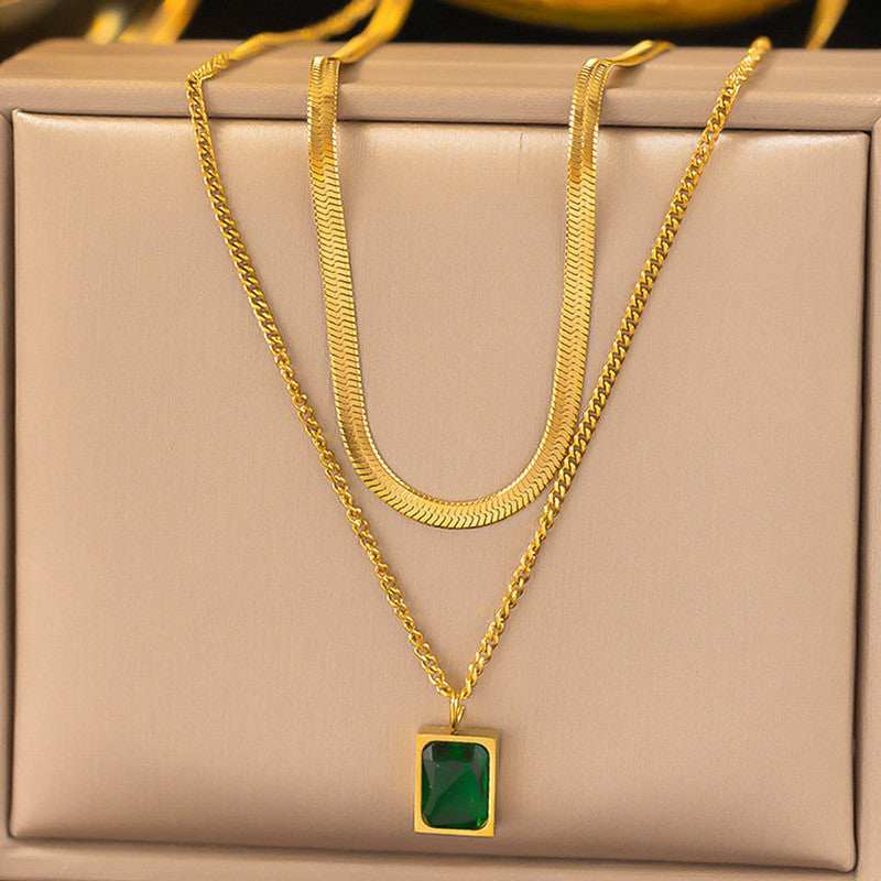 Green Emerald Gold Plated Stainless Steel Necklace