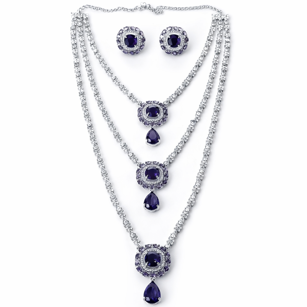 Purple Amethyst Cubic Zirconia American Diamond Silver Plated Necklace Set