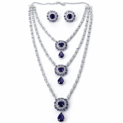 Purple Amethyst Cubic Zirconia American Diamond Silver Plated Necklace Set