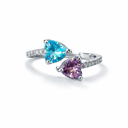 Aqua Blue Sapphire & Pink Topaz Cubic Zirconia Ice Cut American Diamond Silver Plated Adjustable Ring