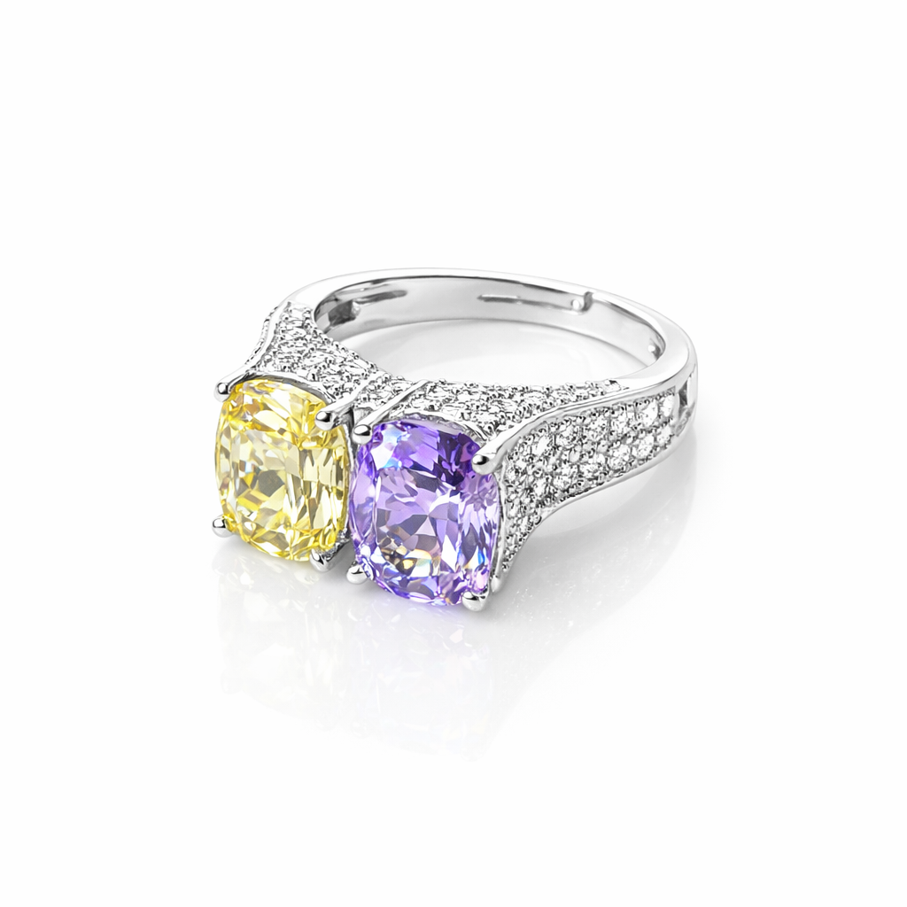 Yellow Topaz & Light Purple Amethyst Cubic Zirconia Ice Cut American Diamond Silver Plated Adjustable Ring