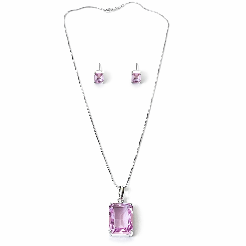 Pink Topaz Cubic Zirconia American Diamond Silver Plated Pendant Set