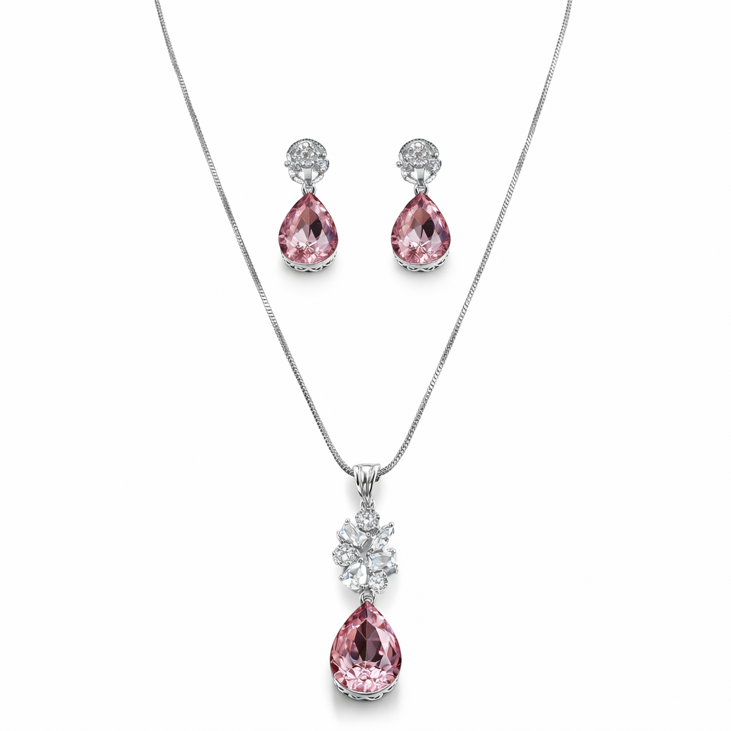Light Pink Rose Swarovski Crystal American Diamond Silver Plated Pendant Set