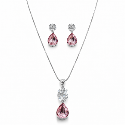 Light Pink Rose Swarovski Crystal American Diamond Silver Plated Pendant Set