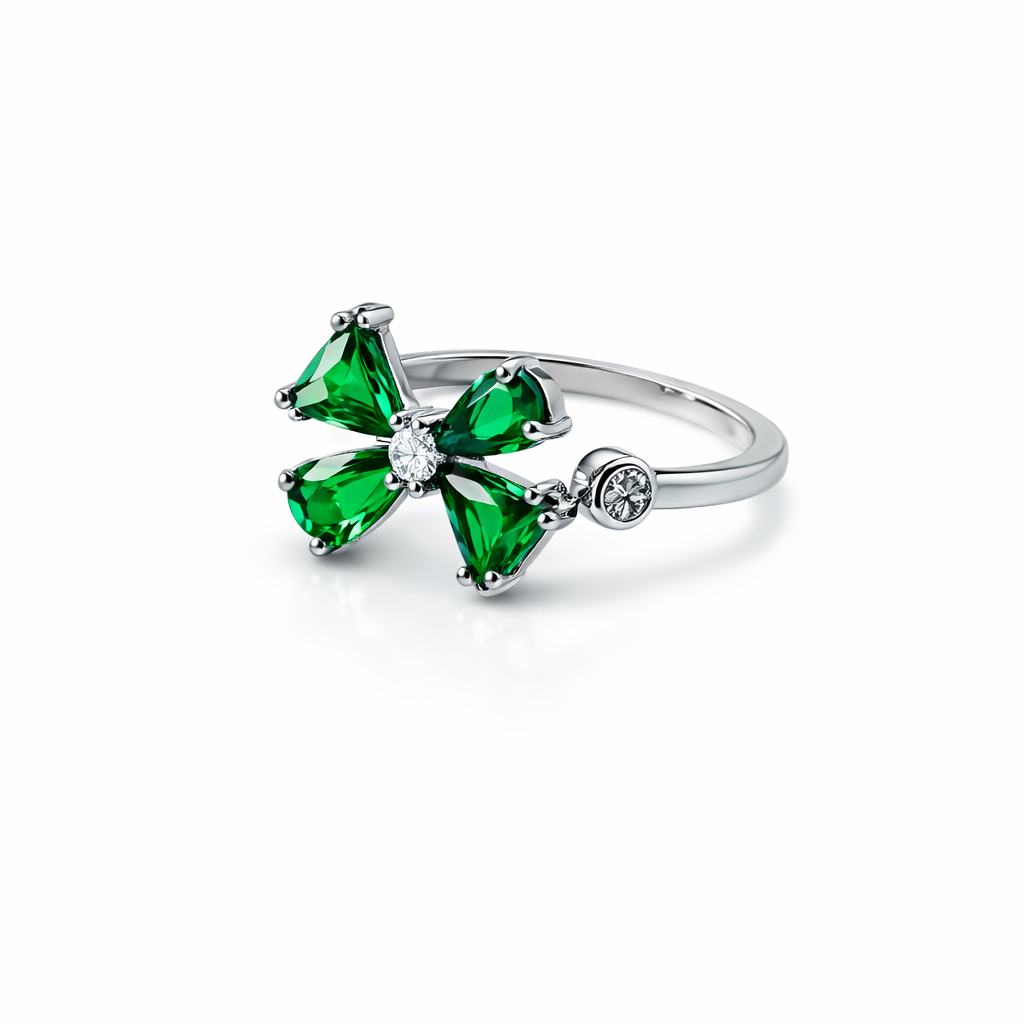 Green Emerald Cubic Zirconia American Diamond Silver Plated Adjustable Ring