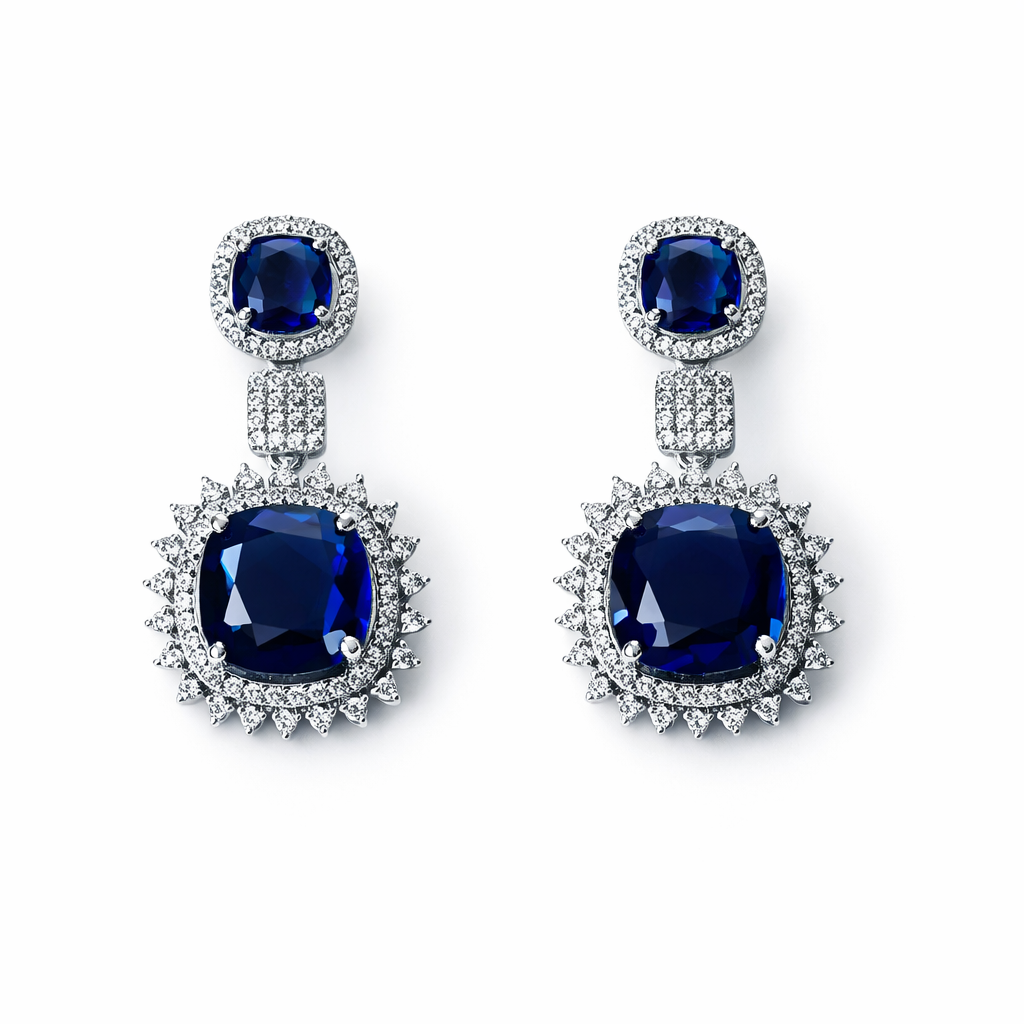 Blue Sapphire Cubic Zirconia American Diamond Silver Plated Earrings