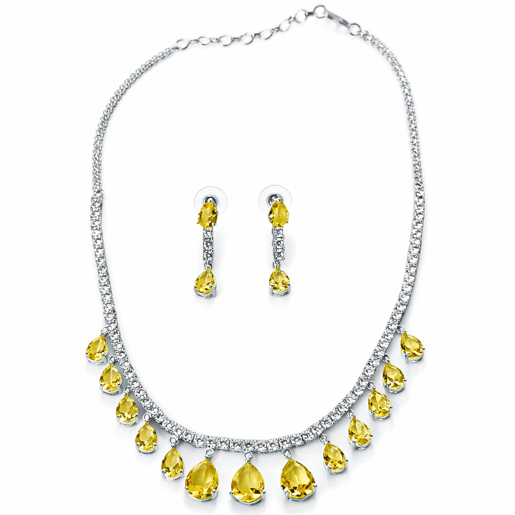 Yellow Topaz Cubic Zirconia American Diamond Silver Plated Necklace Set