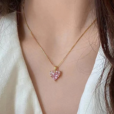 Pink Topaz Crystal Cubic Zircon Heart Design Gold Plated Stainless Steel Necklace