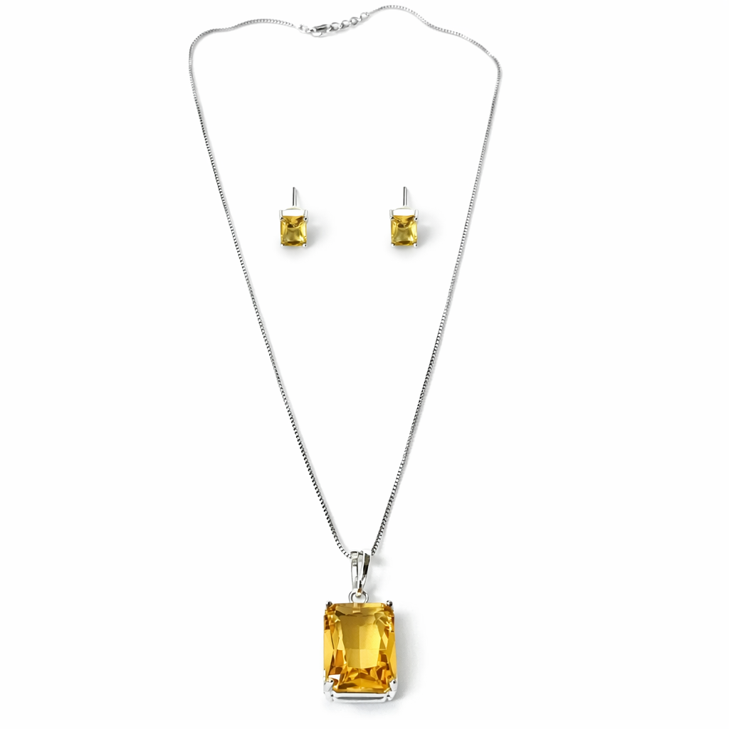 Yellow Topaz Cubic Zirconia American Diamond Silver Plated Pendant Set