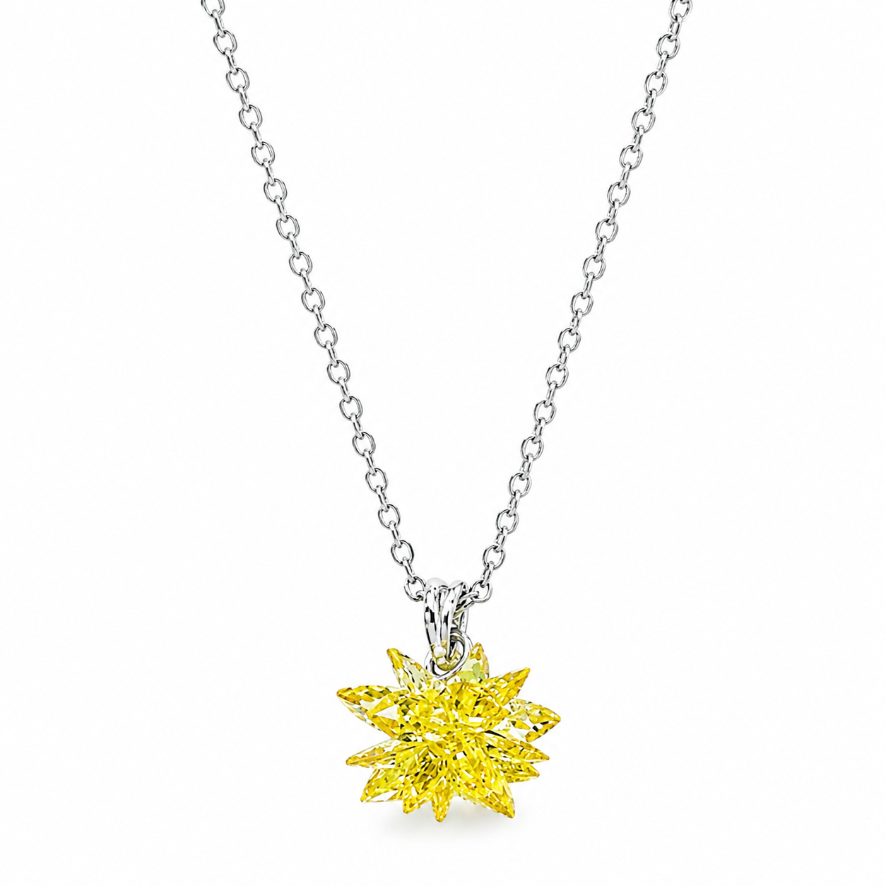 Yellow Crystal Flower Design Silver Plated Stainless Steel Necklace
